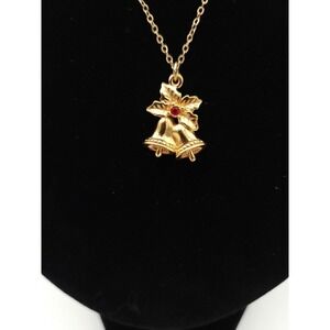 Vintage Gold Tone Necklace With Christmas Bells Pendant Red Rhinestone 17"